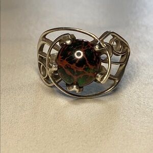 Sterling‎ Silver Filigree Ring with Brown and Green Cabochon 925 size 7.25